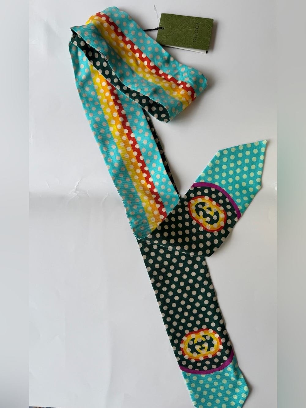 Authentic GUCCI GREEN POLKA DOT SILK HEADBAND